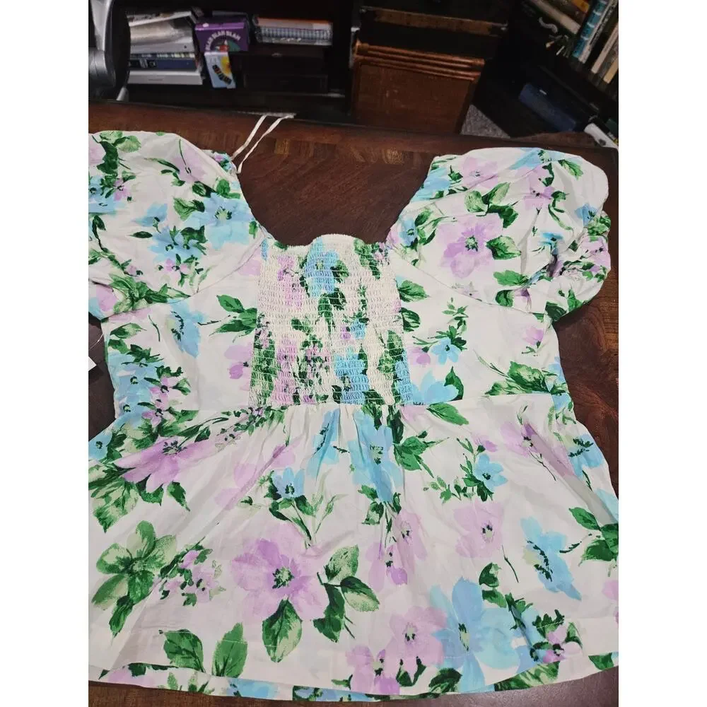 Old Navy Floral Babydoll Top XL Puff Sleeve Smocked Square Neck Cottagecore NWT